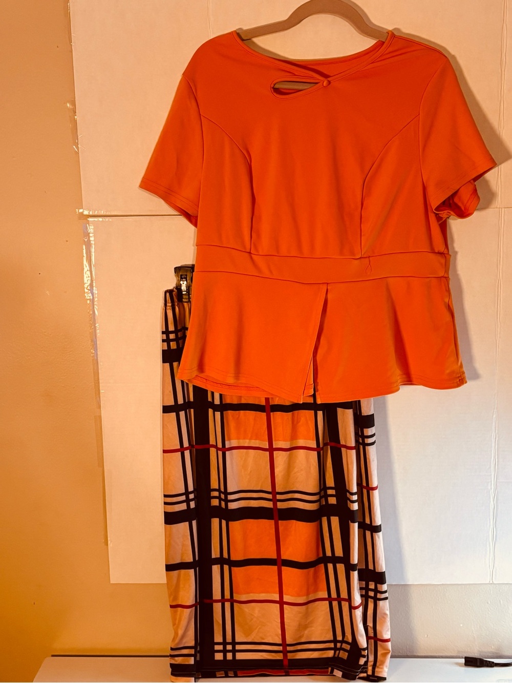 Women’s Orange Peplum Top and Plaid Skirt Set